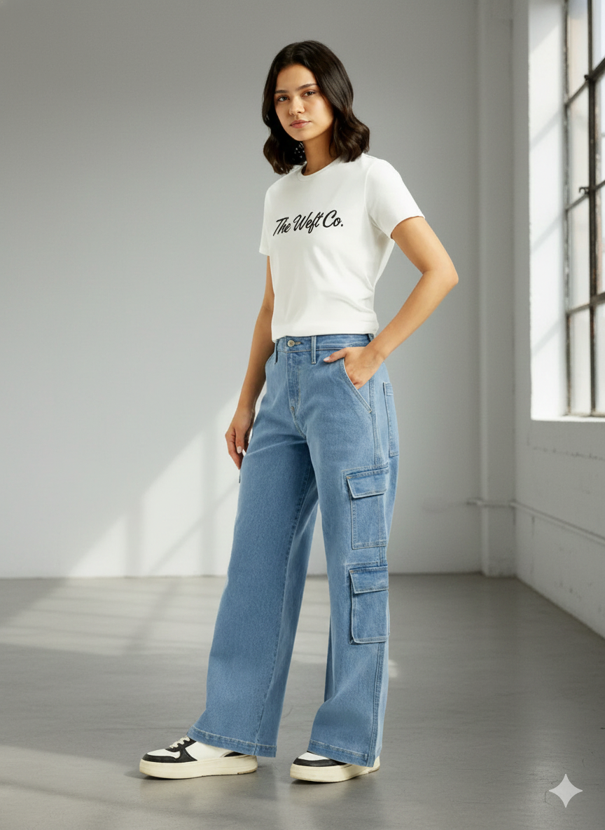 Women's 101 Medi. Indigo Baggy Fit Mid Rise Cargo Jeans (100% Cotton)