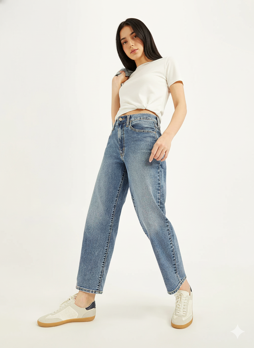 Women's 114 Blue Baggy Fit Mid Rise Jeans (100% Cotton)