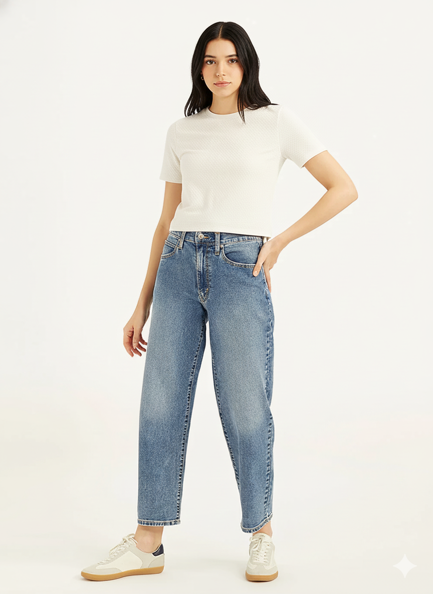 Women's 114 Blue Baggy Fit Mid Rise Jeans (100% Cotton)