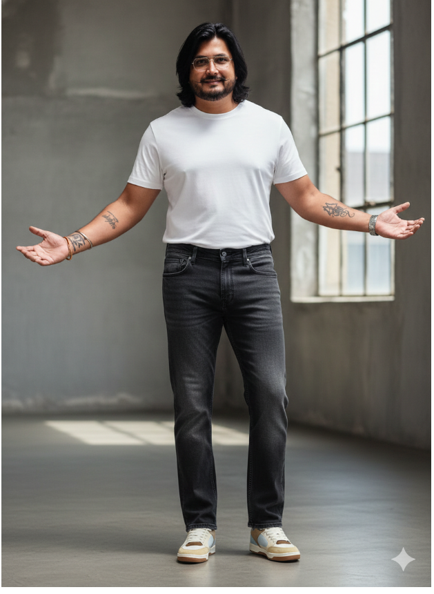 Man wearing a white t-shirt and dark jeans standing in a room with large windows.